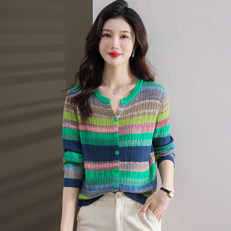 哥弟阿玛施正品清仓春秋款女装长袖毛针织衫毛衣百搭条纹外搭开衫