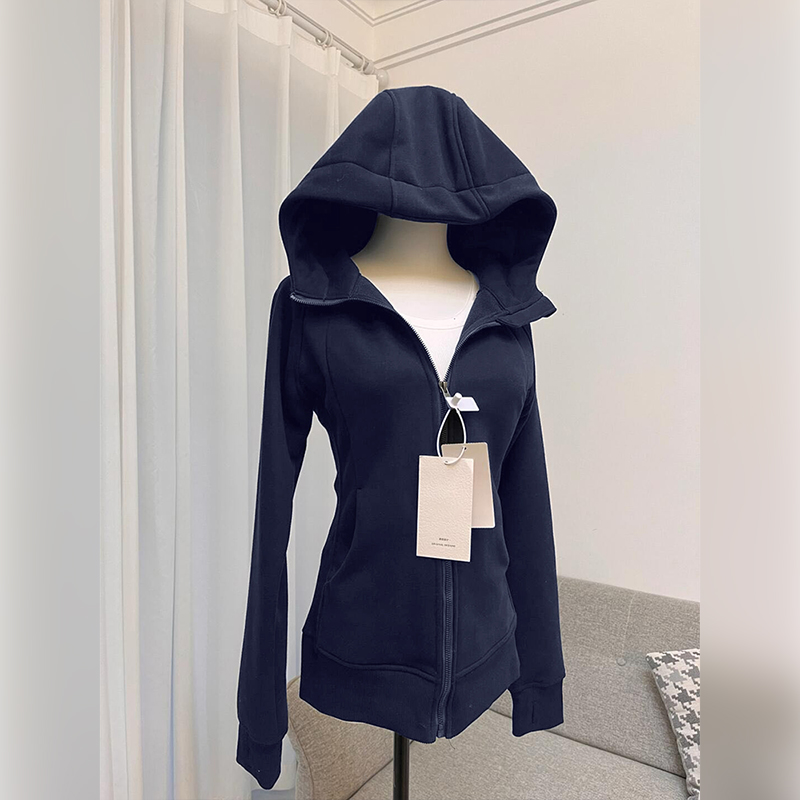 藏蓝色正肩开衫女秋季新款美式辣妹修身显瘦上衣连帽休闲卫衣外套