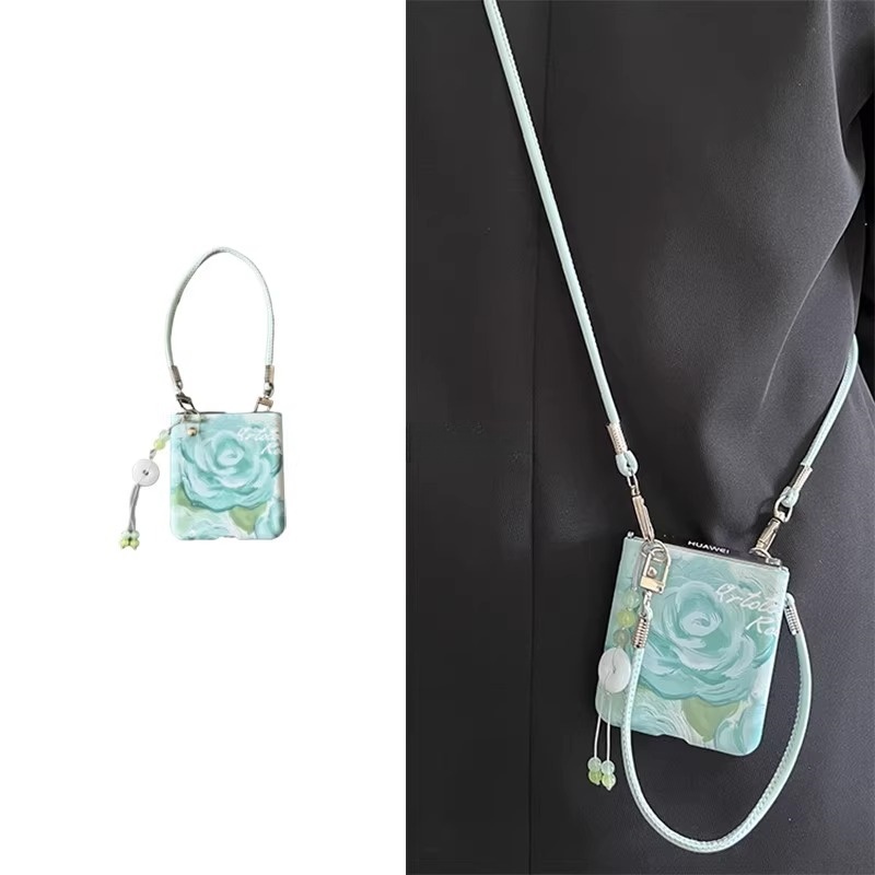 适用华为P50 Pocket 2手机壳折叠屏典雅淡青玫瑰花手提斜挎保护套
