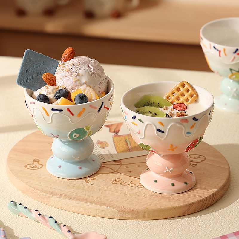 手绘水果刨冰杯特别好看的雪糕高脚杯夏日冰淇淋杯陶瓷酸奶甜品杯