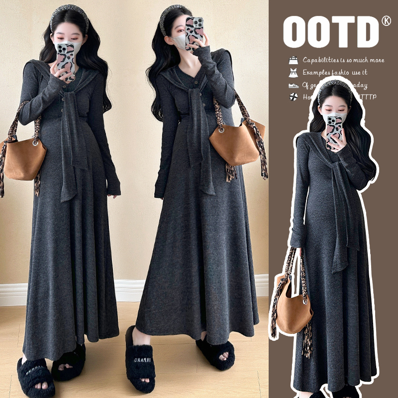 时尚孕妈韩系极简花纱针织V领带披肩长款两件套连衣裙过膝宽松