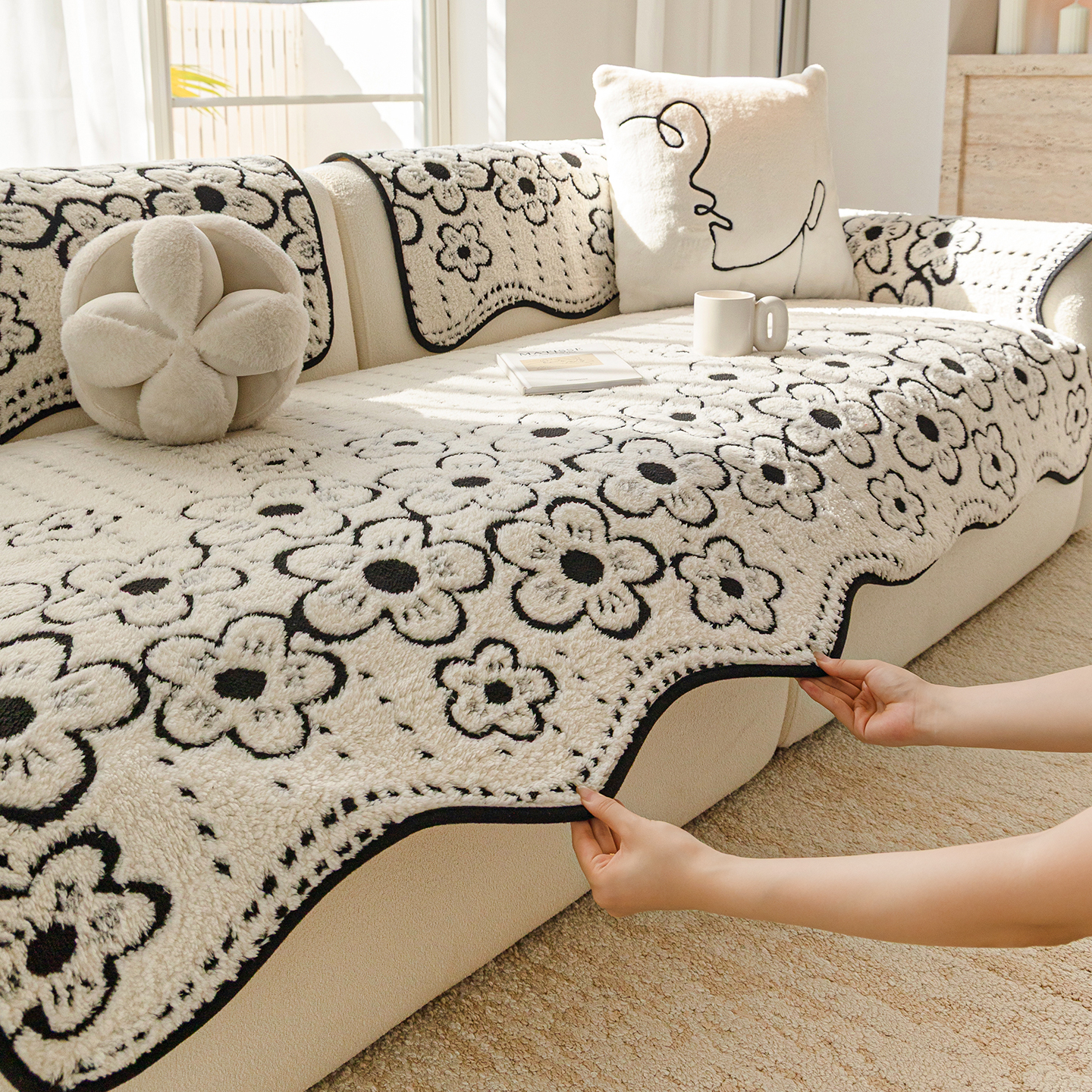 (异形绒花)秋冬季加厚毛绒沙发垫2025高级感异形坐垫防滑盖布