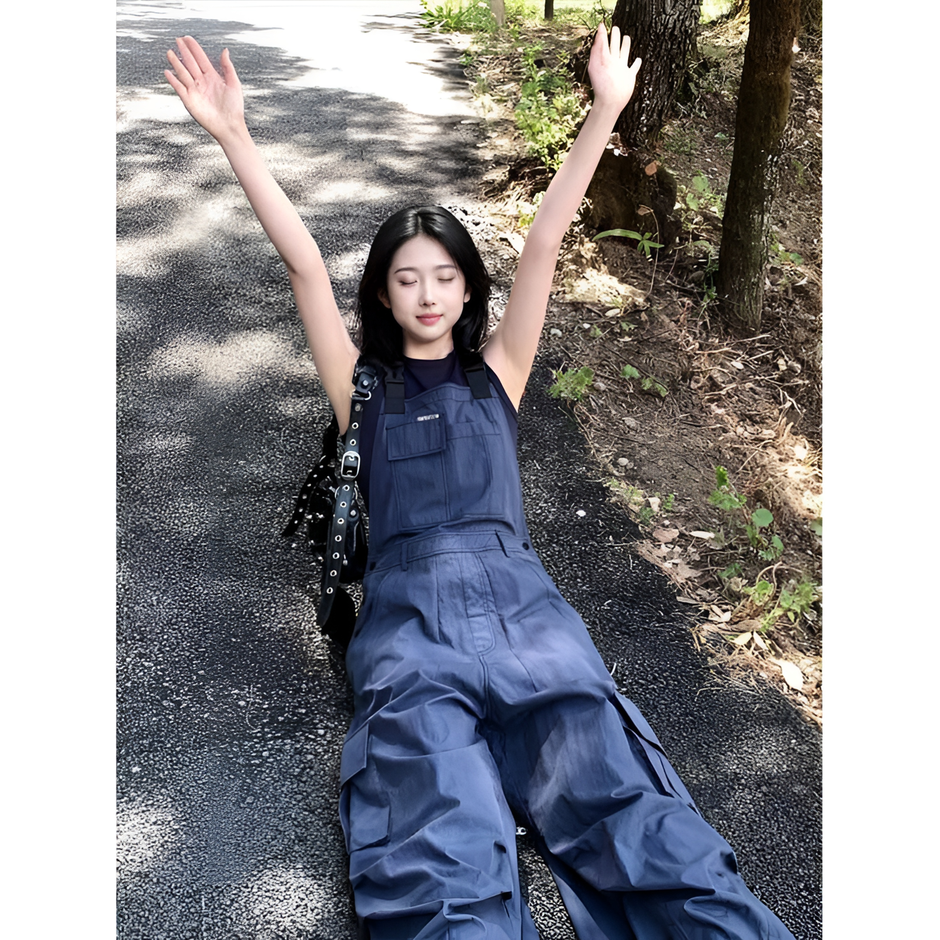 芙沿藏青色工装背带裤女2025夏季新款慵懒风休闲小个子直筒连体裤