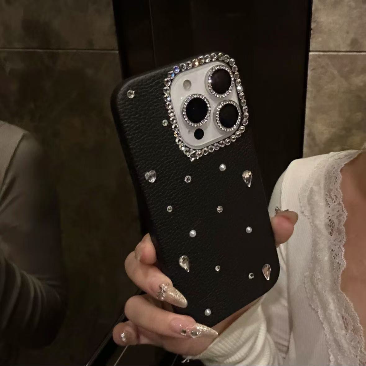 高奢素皮奢华闪钻适用16promax手机壳新款iPhone15/14/13防摔女11