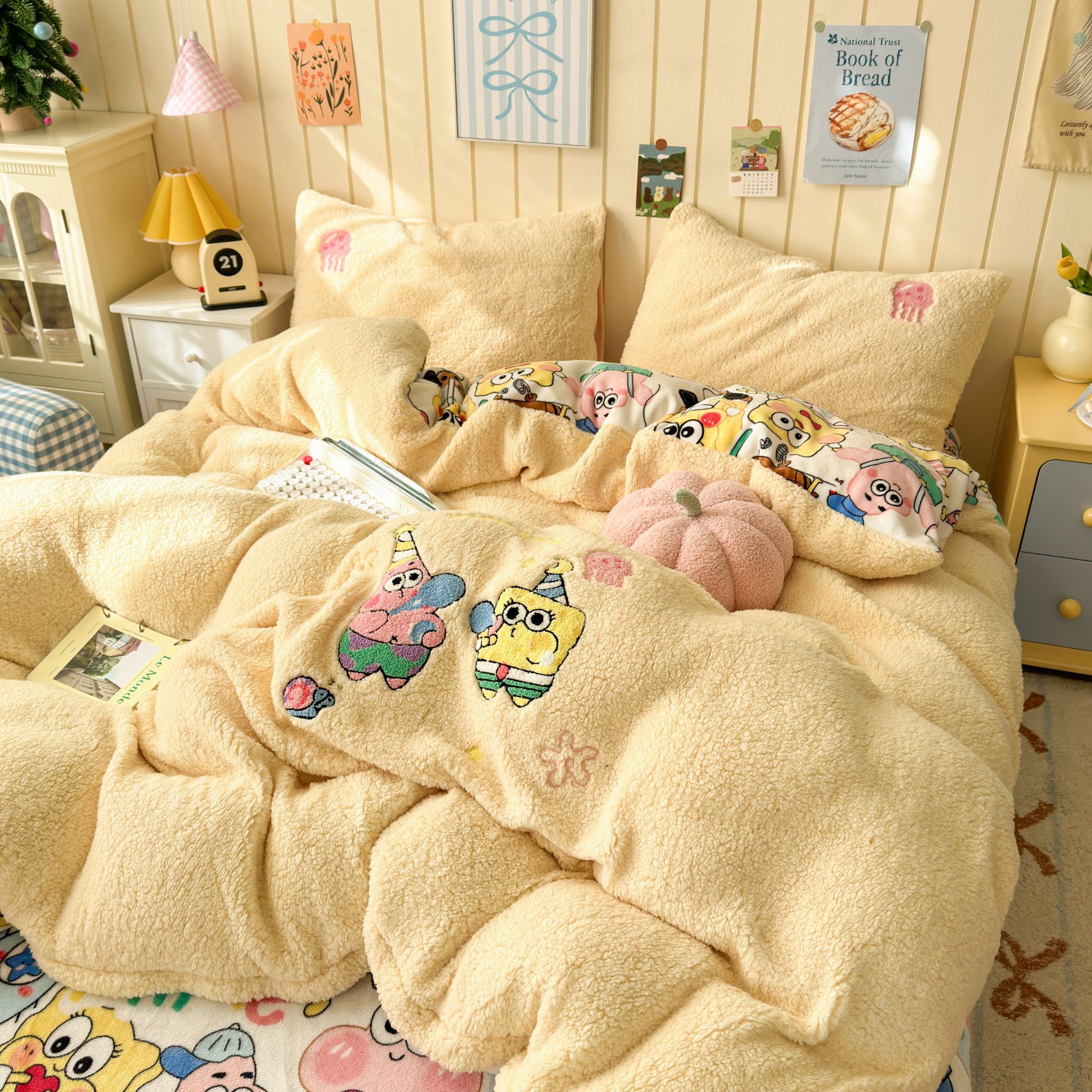 卡通毛巾绣羊羔绒学生宿舍三件套加厚牛奶绒四件套防静电保暖加绒