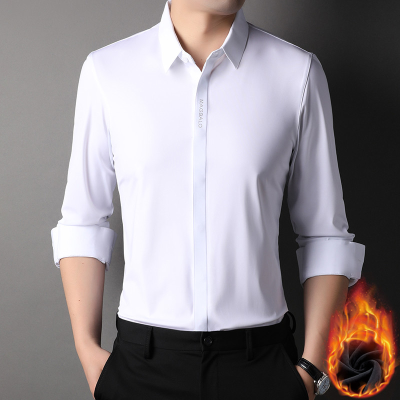 秋冬男士衬衫抗皱弹力免烫衬衣纯色工装男高档长袖白衬衫加绒加厚