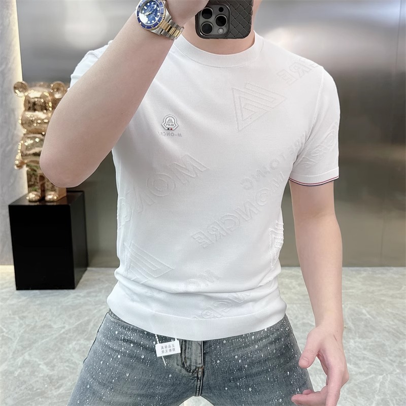 欧货轻奢男士针织冰丝短袖T恤白色时尚夏季半袖简约上衣百搭25228