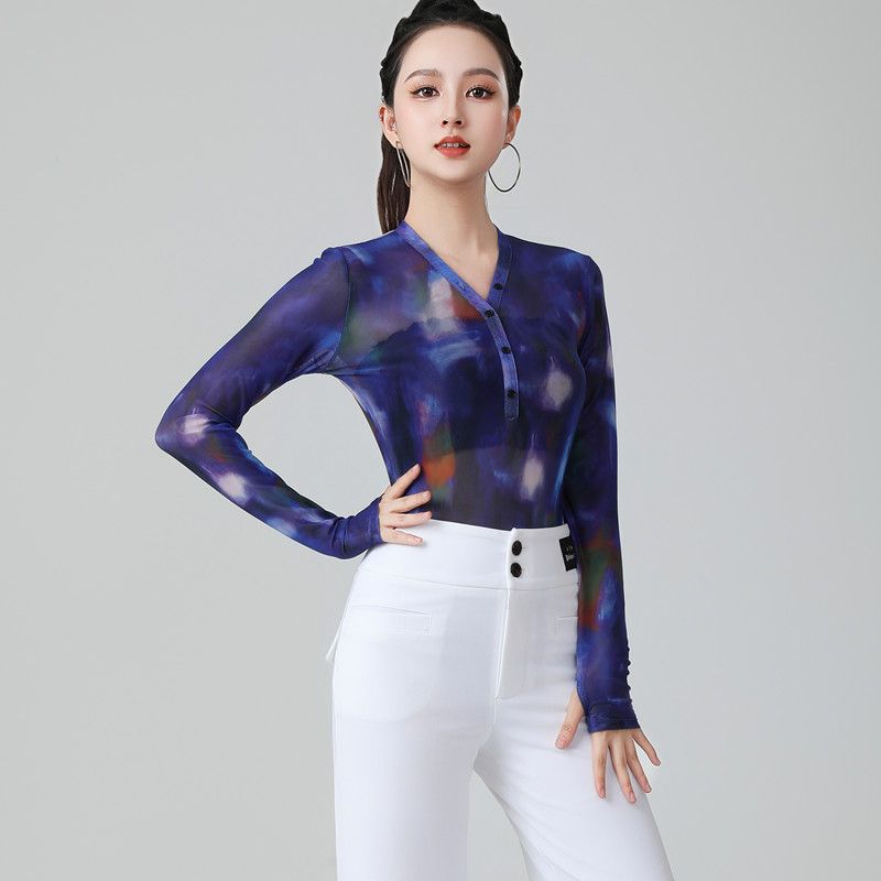 连裆印花网纱舞蹈服广场舞服三步踩伦巴上衣女交谊舞演出服新款夏