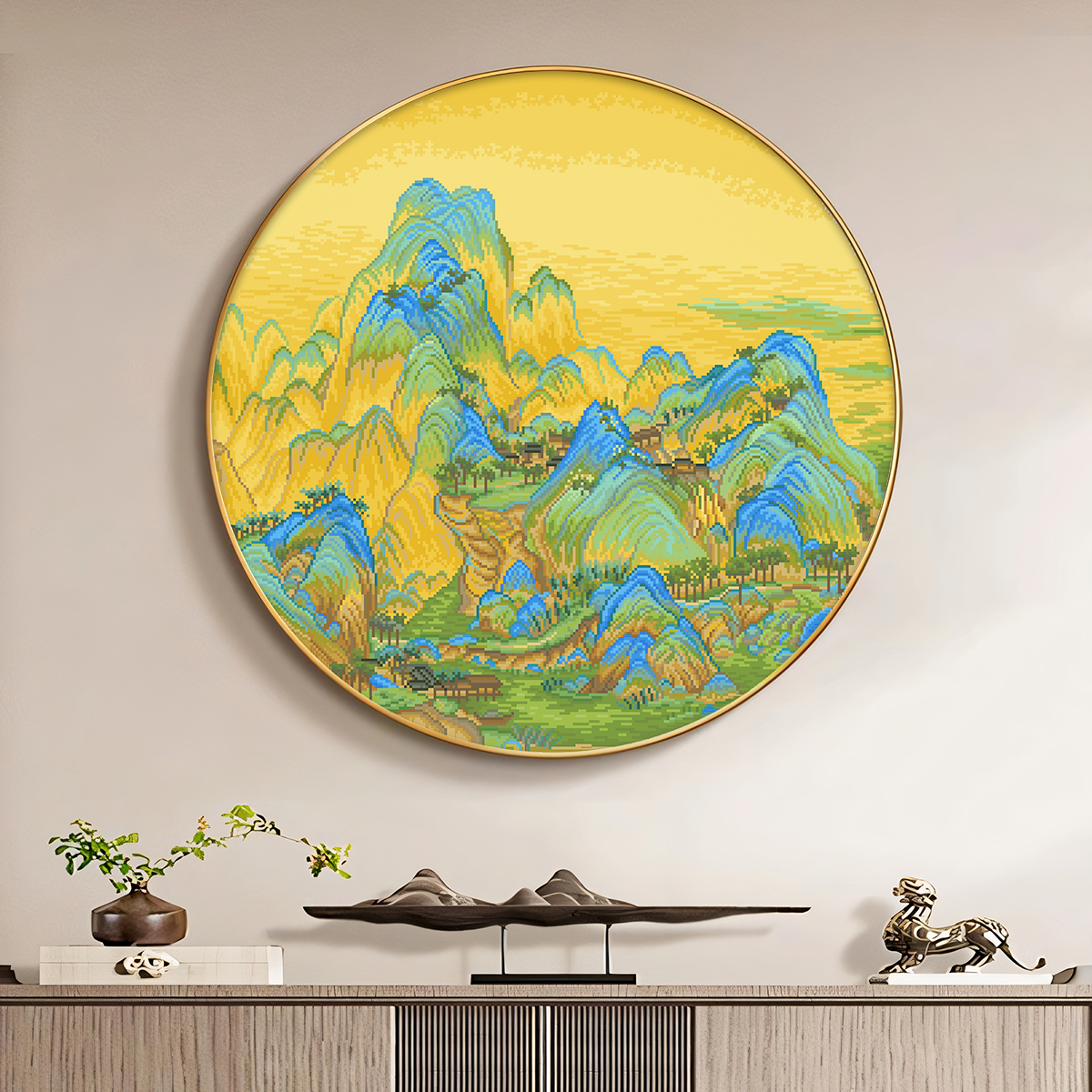 千里江山图十字绣2026年新款高级感客厅玄关圆形山水名画手工刺绣