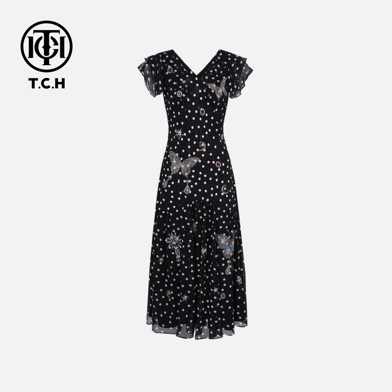 TCH私服烫钻工艺新时尚淑女百搭潮流连衣裙女T75B30E5205轻奢tch