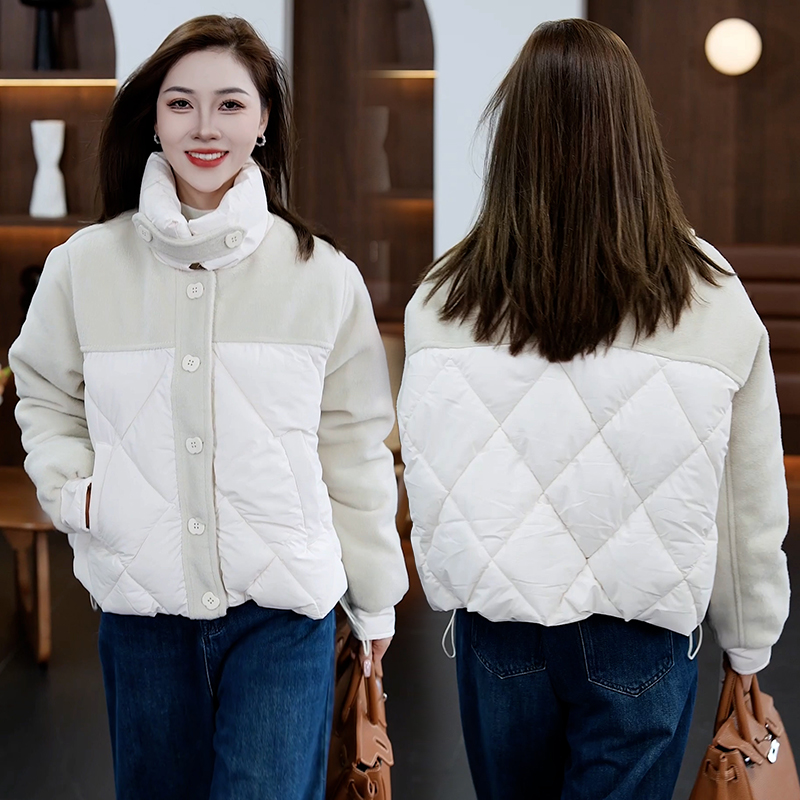 毛呢拼接菱格纹棉服女2025秋冬新款宽松显瘦保暖立领短款棉衣外套