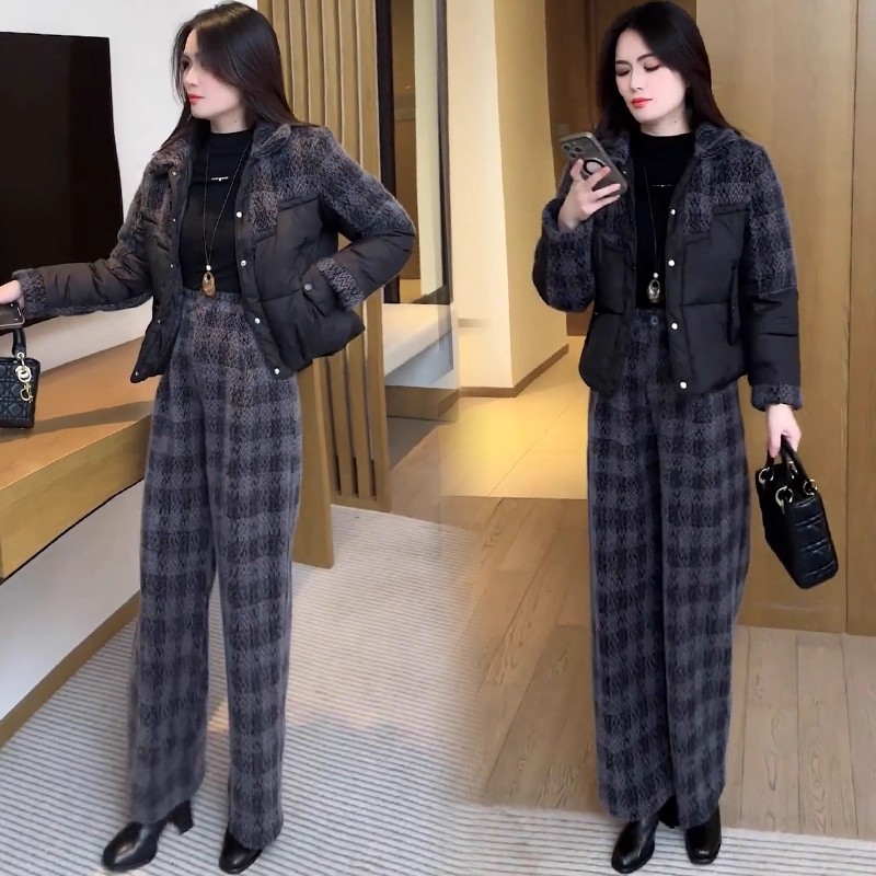 时尚套装女2025冬季新款洋气显瘦宽松加厚拼接棉衣外套阔腿裤套装