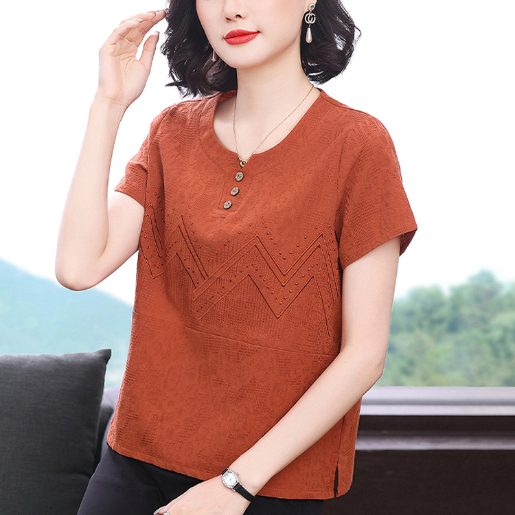 复古文艺大码休闲上衣夏装新款中年妈妈女装宽松开叉纯色短袖T恤