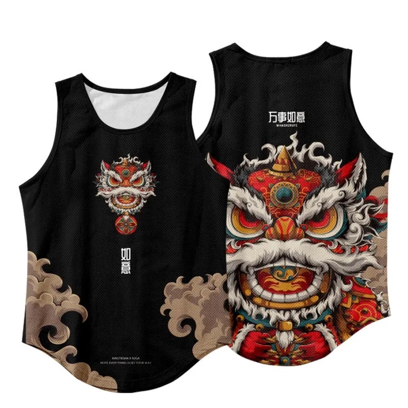 中国风印花背心男士夏季潮流宽松个性百搭万事如意休闲无袖t恤潮