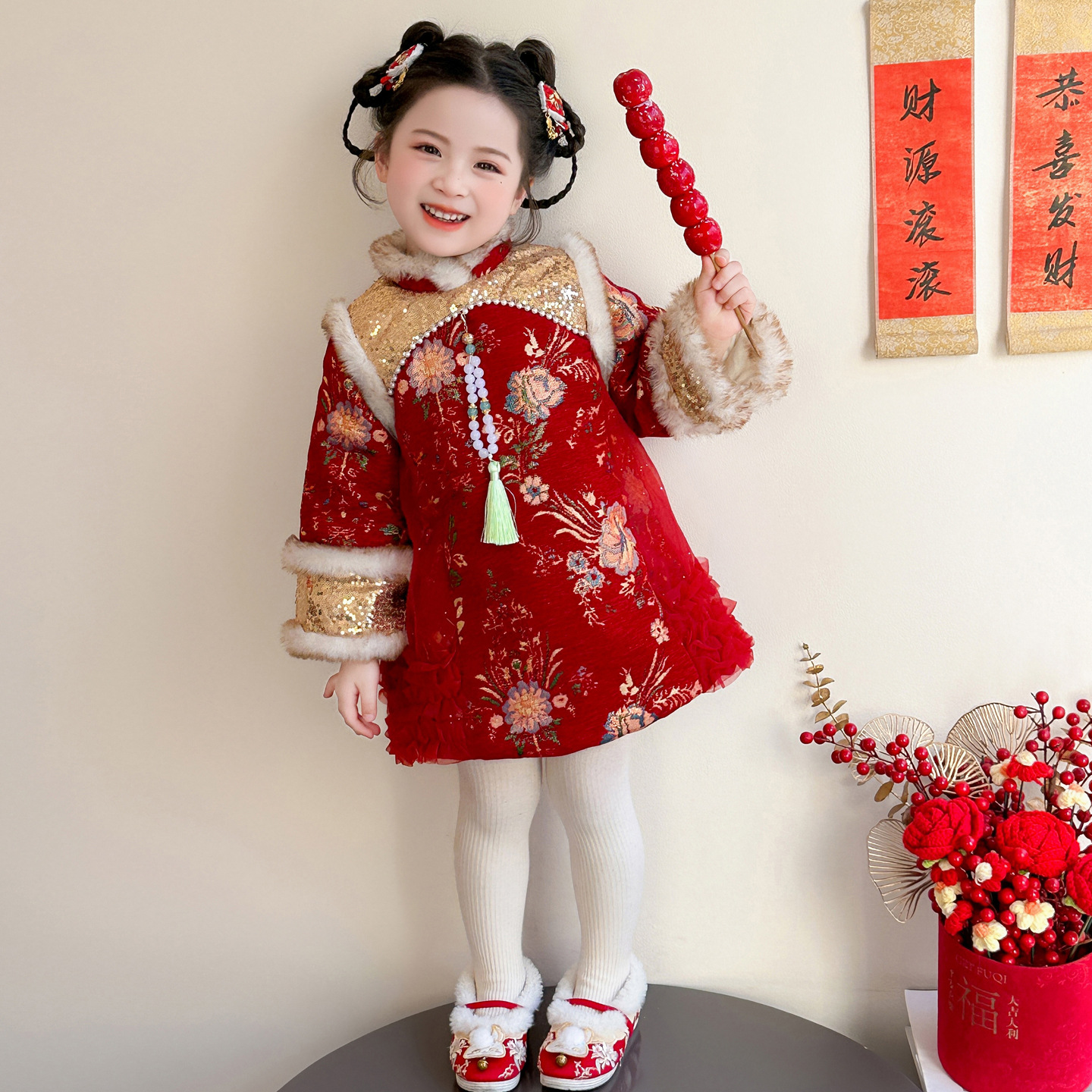 YeeHoO英氏【断码】汉服女童加绒拜年服冬款周岁女宝宝礼服旗袍裙儿