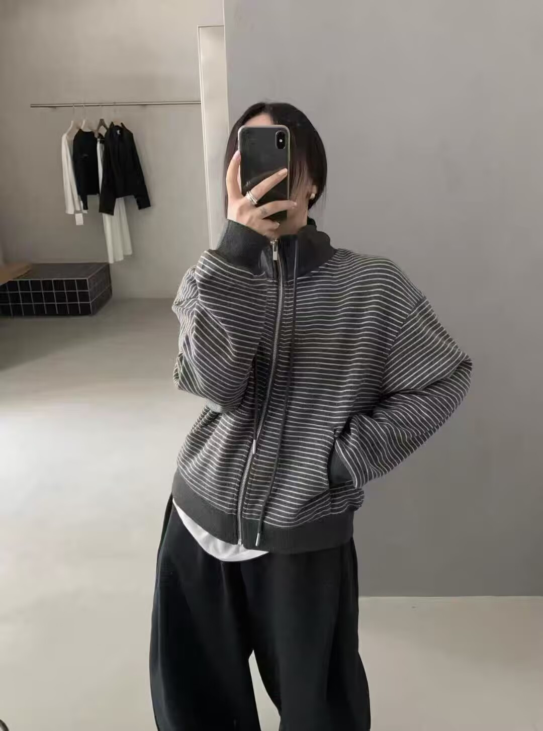 韩版慵懒感立领复合软糯条纹拉链外套