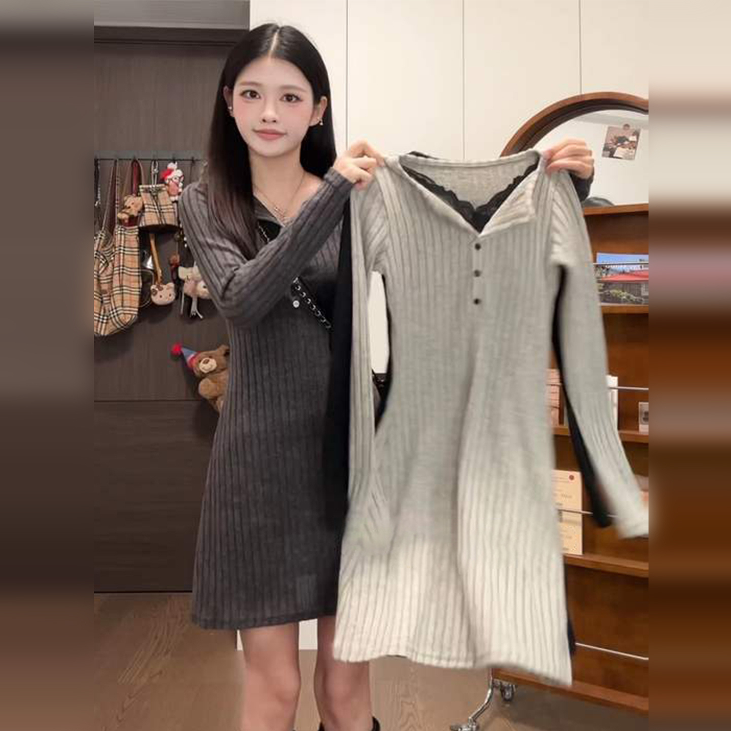 2025新款小个子香风v领长袖连衣裙子女秋冬季小洋装富家千金长裙