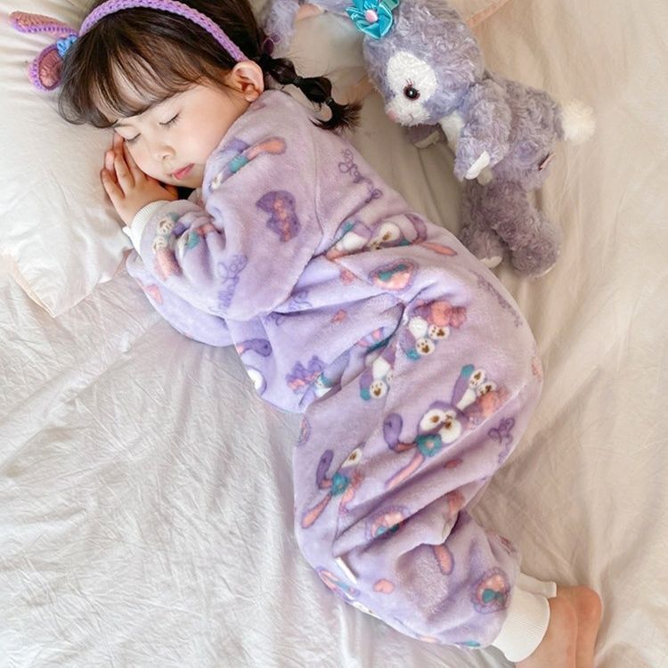 男女宝宝连衣睡袋睡衣法兰绒秋冬季加绒加厚珊瑚儿童婴儿家居服