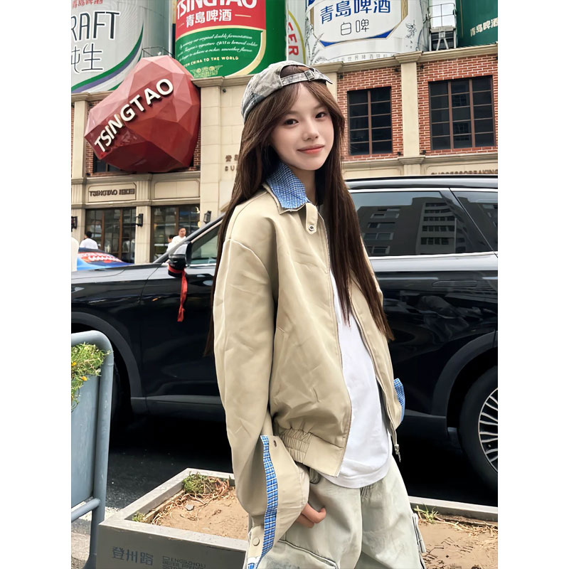 卡其色格子拼接短款外套男款秋季哈灵顿工装夹克巴恩风潮流棒球服