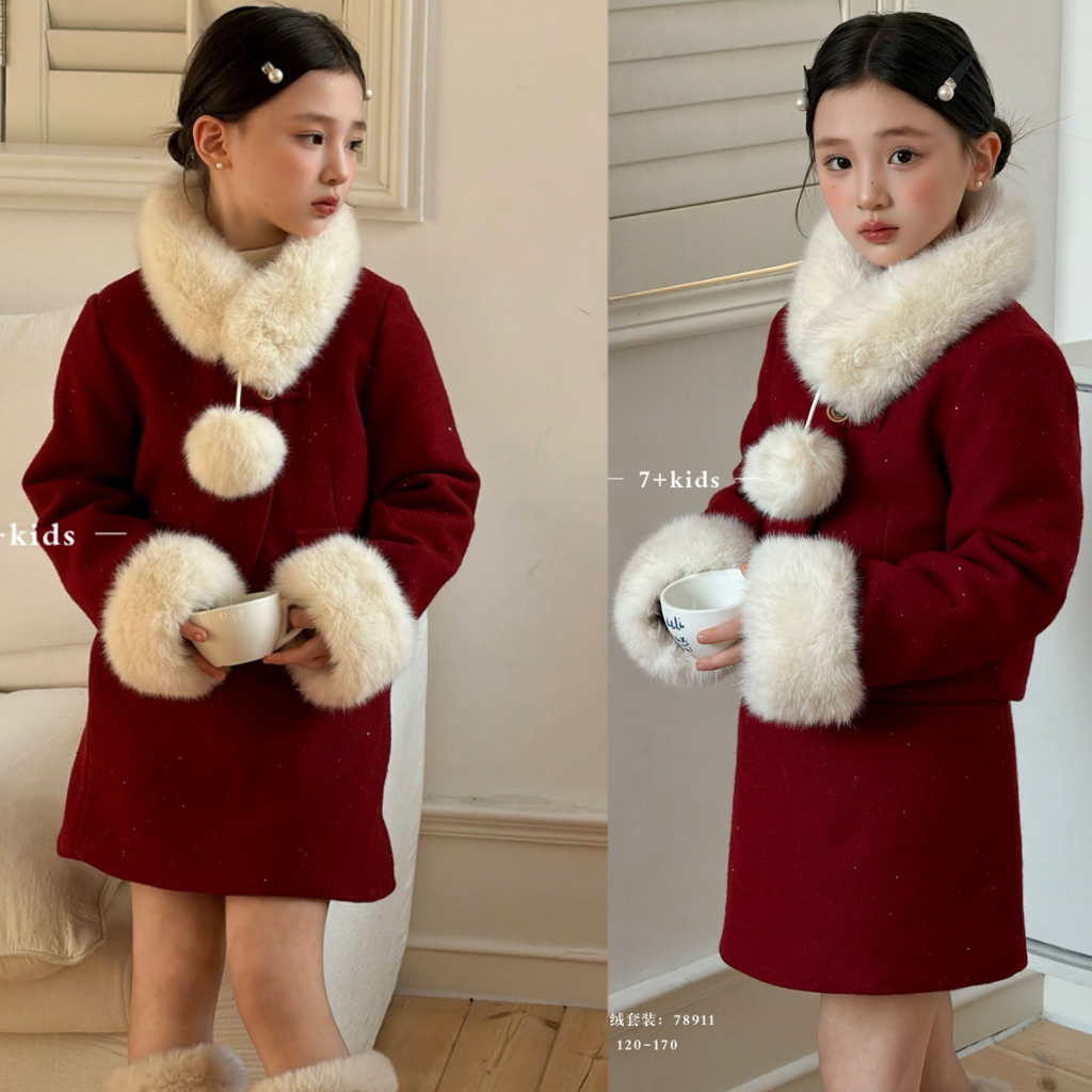 【羽绒！小香风】韩版女童冬季名媛风毛呢大衣外套短裙拜年服套装