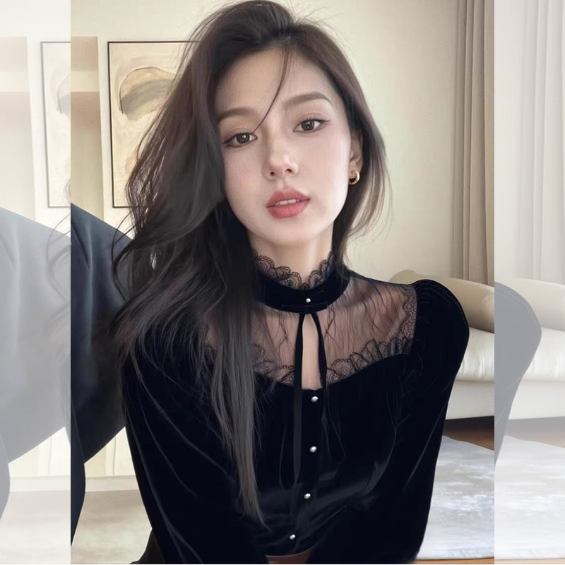 轻熟风黑色蕾丝拼接丝绒衬衫女款秋季新款法式气质名媛叠穿小衬衣