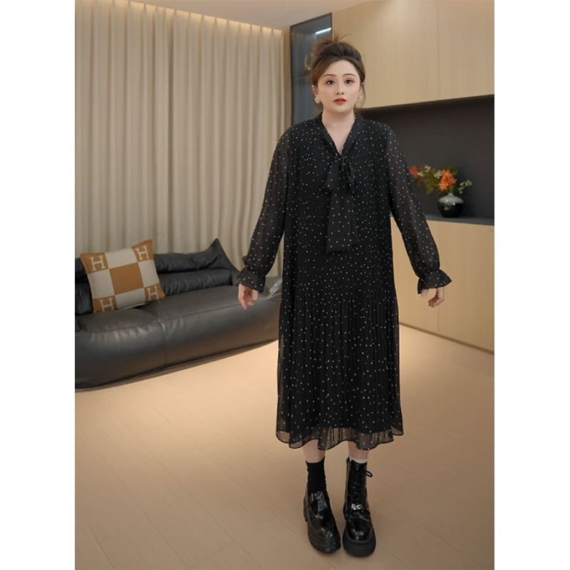 【胖佳佳】风情波点连衣裙 秋季气质显瘦韩系雪纺长裙H625Q14498