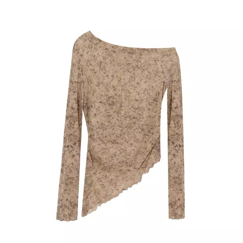 2025早秋新款法式晕染花朵斜领不规则下摆长袖网纱上衣女