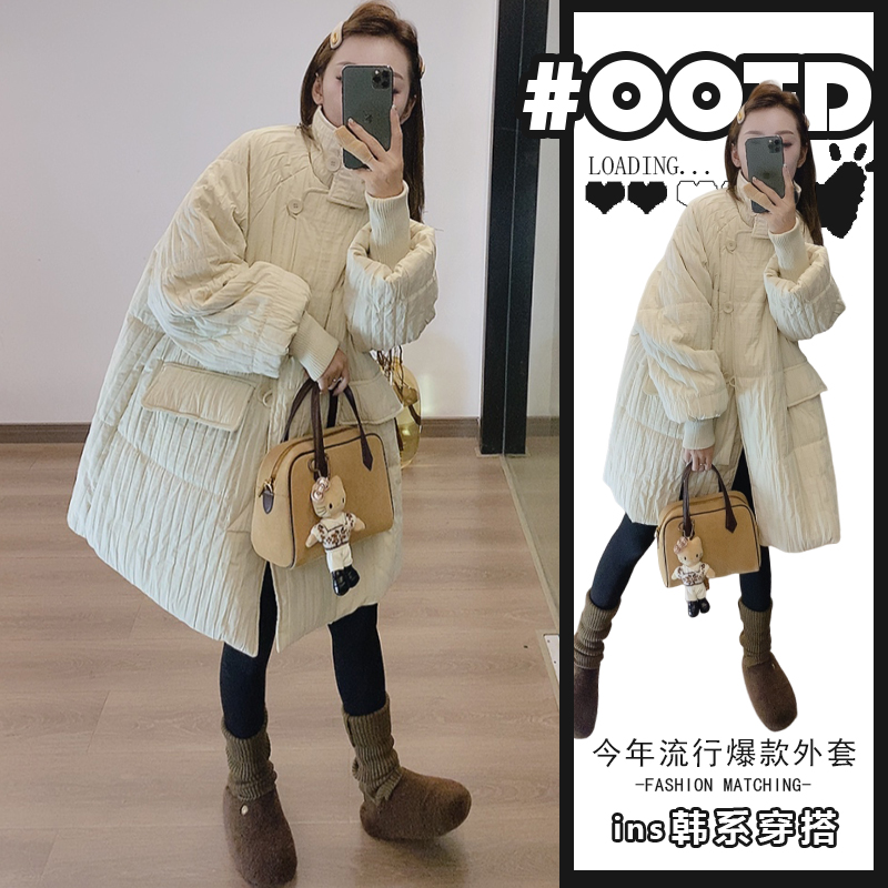 高级感超好看的褶皱休闲中长款棉服秋冬款韩版赫本风时尚减龄外套