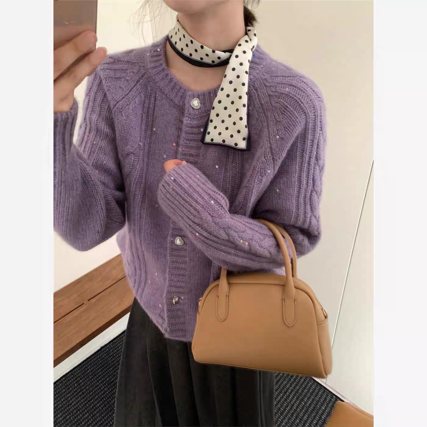 紫色满天星开衫」星星亮片！加厚冬季外套宽松针织毛衣女显白洋气