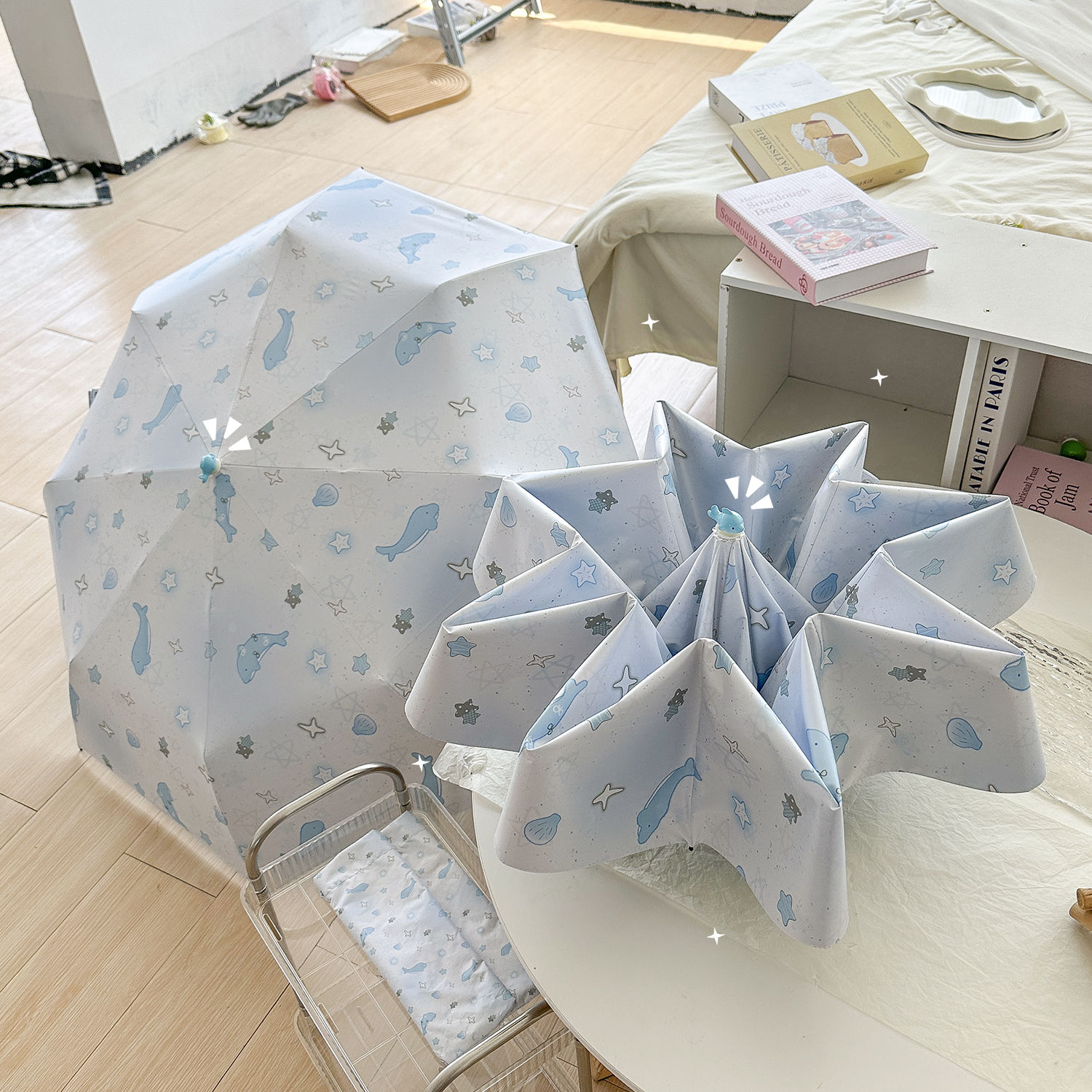 渐变海豚全自动晴雨伞两用黑胶防晒紫外线折叠太阳伞高颜值女ins