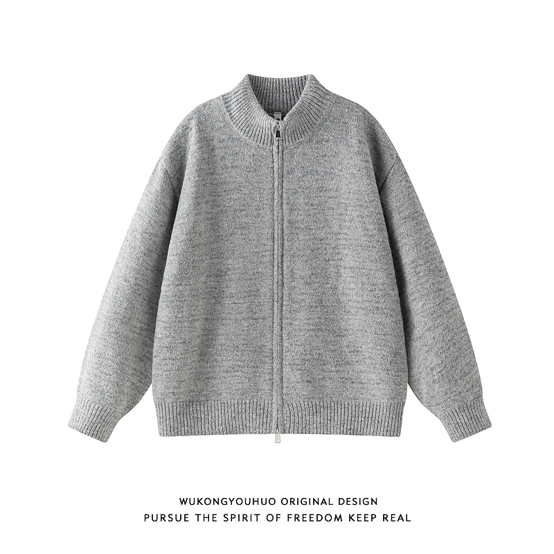 悟空有货复古老钱风纯色双拉链立领毛衣男秋季宽松情侣针织衫外套