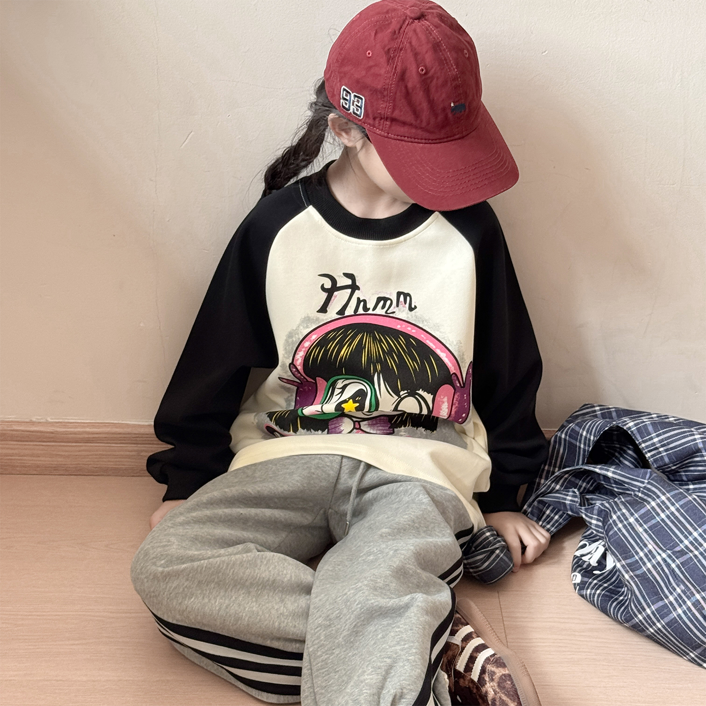 女童春秋撞色卫衣2025新款女孩韩系圆领长袖衣服儿童洋气时髦上衣