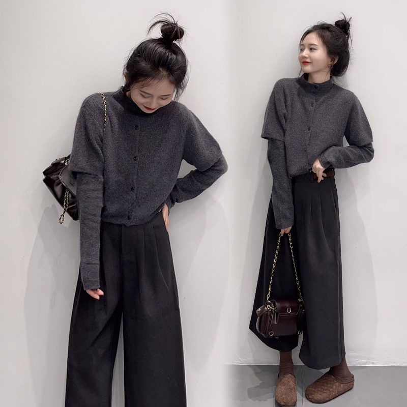 2025秋冬老钱风时尚大气简约灰色假两件套上衣搭配高腰阔腿裤套装