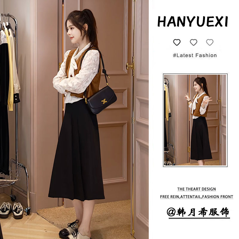 早春时尚一整套女装2025新款韩版绑定衬衫复古马甲半身裙三件套潮