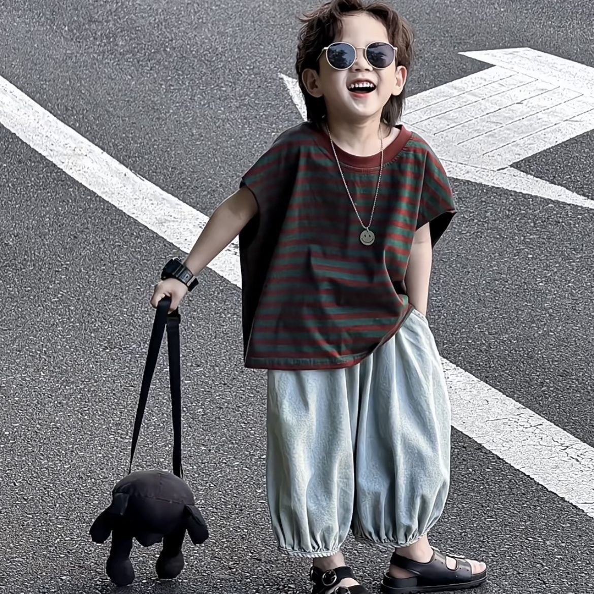 韩国童装男女童套装T恤2025夏装儿童短袖拼色t宽松防蚊裤套装潮