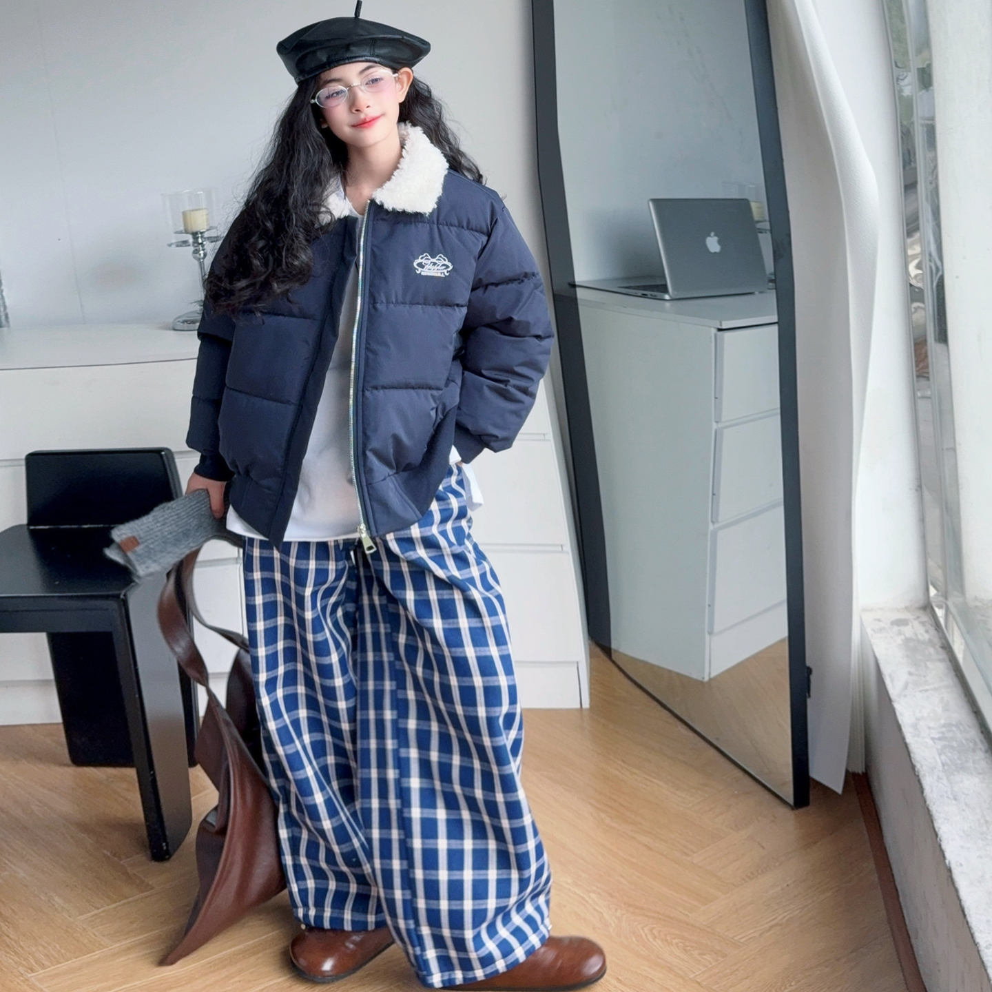 【酷哒仔】女童加棉加厚毛领棉袄加绒格子裤子两件套装2025秋冬装潮