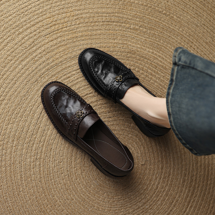 4.5cm 法式复古百搭粗跟乐福鞋春秋简约休闲时尚单鞋英伦风小皮鞋