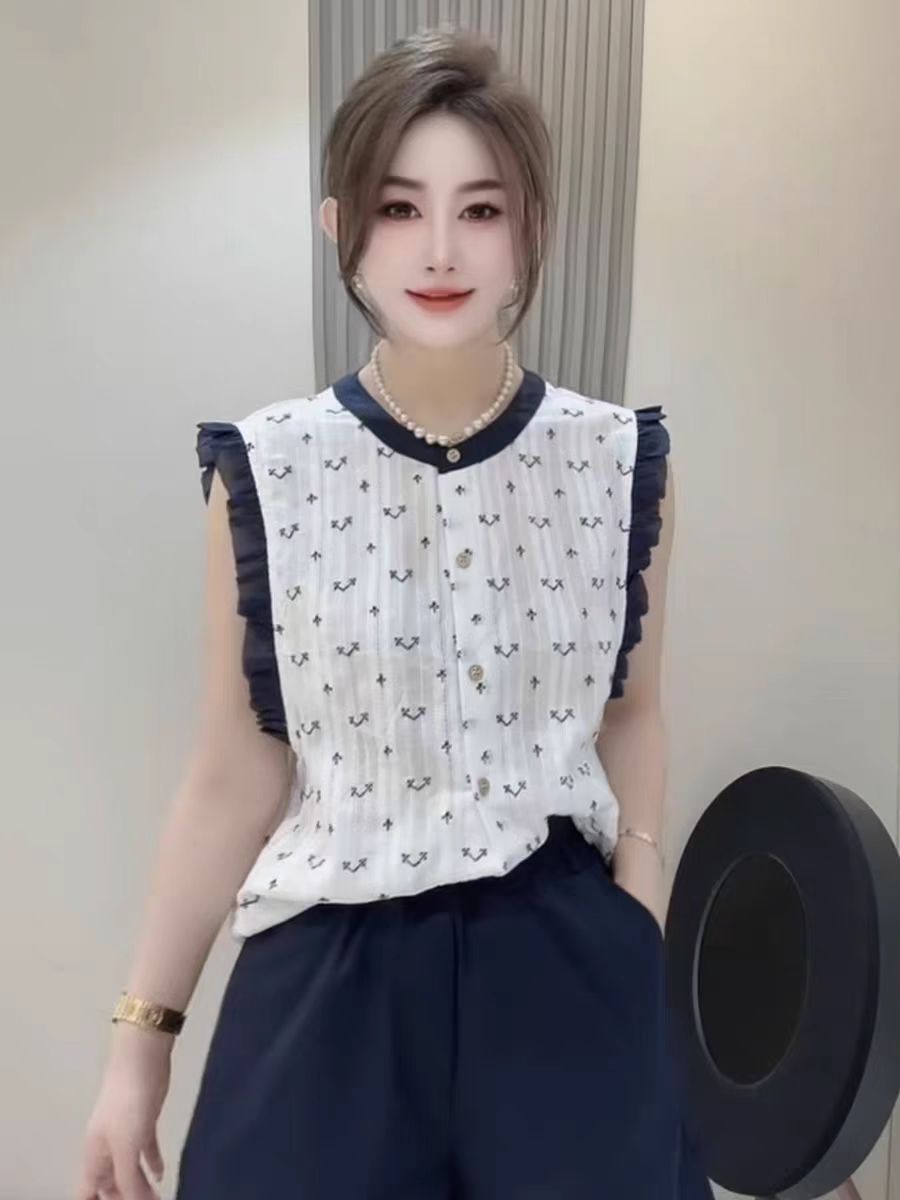 韩系高级纯棉圆领木耳边上衣无袖衬衫夏季甜美减龄设计感上衣背心