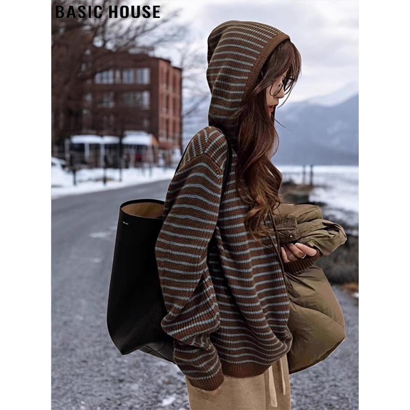 BasicHouse/百家好条纹连帽毛衣外套撞色女秋冬风宽松氛围感服饰