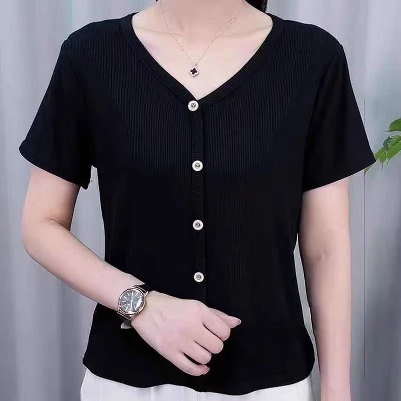 爆款夏季短袖新款T恤女宽松中年妈妈时尚气质休闲纯色大码上衣女