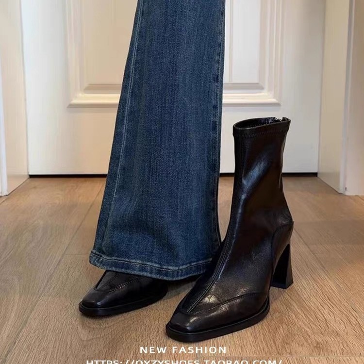 羊皮韩版高跟瘦瘦靴女粗跟复古马丁靴2025爆款洋气英伦风冬季短靴