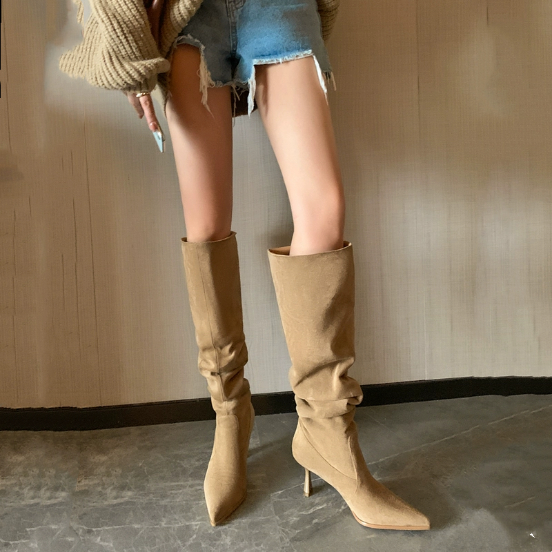 央小鱼 显瘦麂皮堆堆靴~网红磨砂尖头高跟西部牛仔靴高筒长靴子女