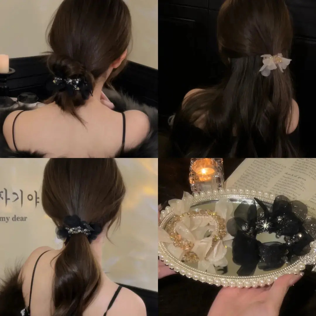 W韩国轻奢贵气高级感欧根纱串珠发圈秋冬气质高弹力马尾头绳发饰