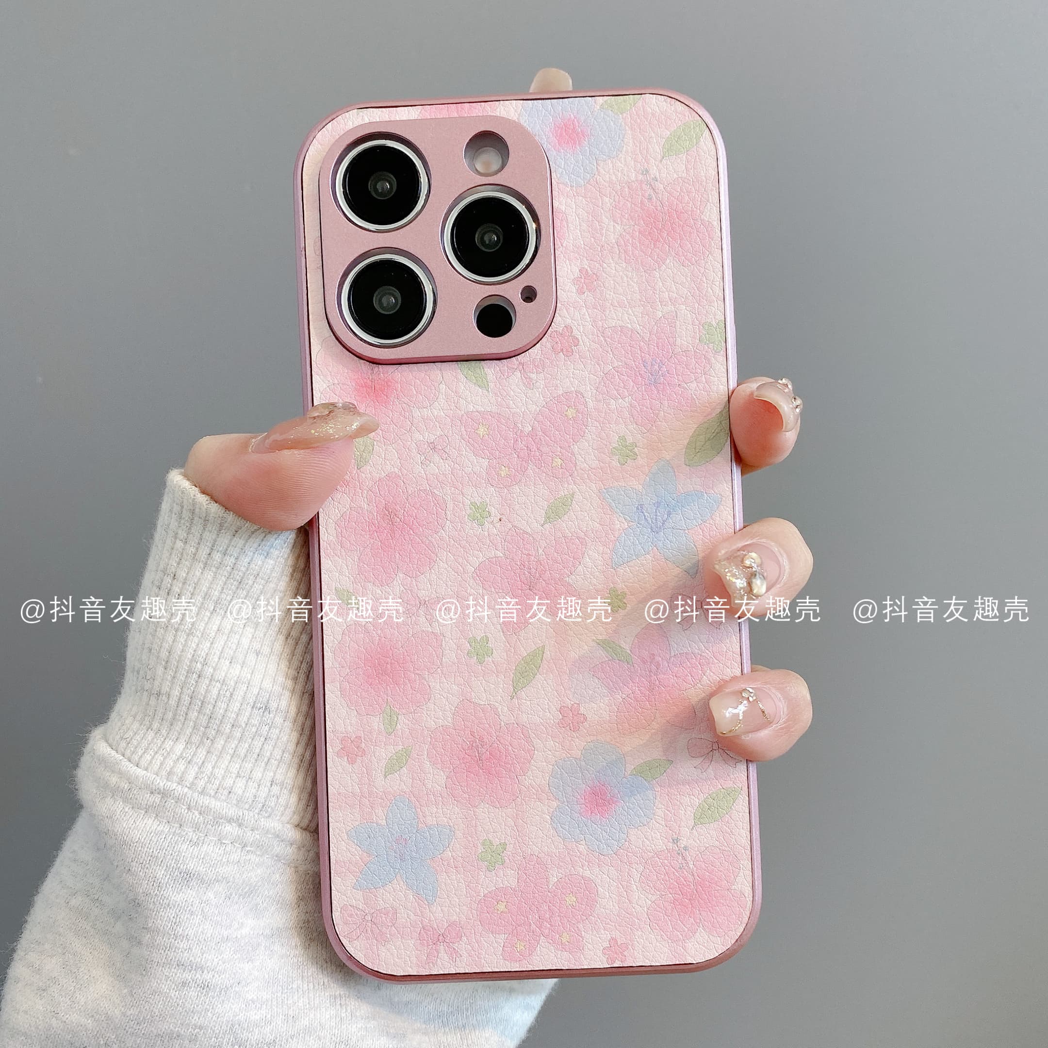 适用于苹果16手机壳新款华为vivo小米oppo金属皮革简单款粉蓝百合