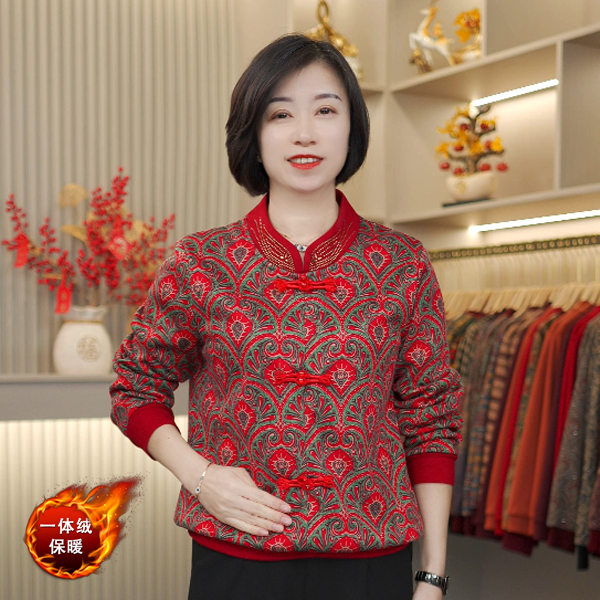 洋气新款时尚风中老年女装冬季加绒保暖气质减龄圆领印花妈妈装