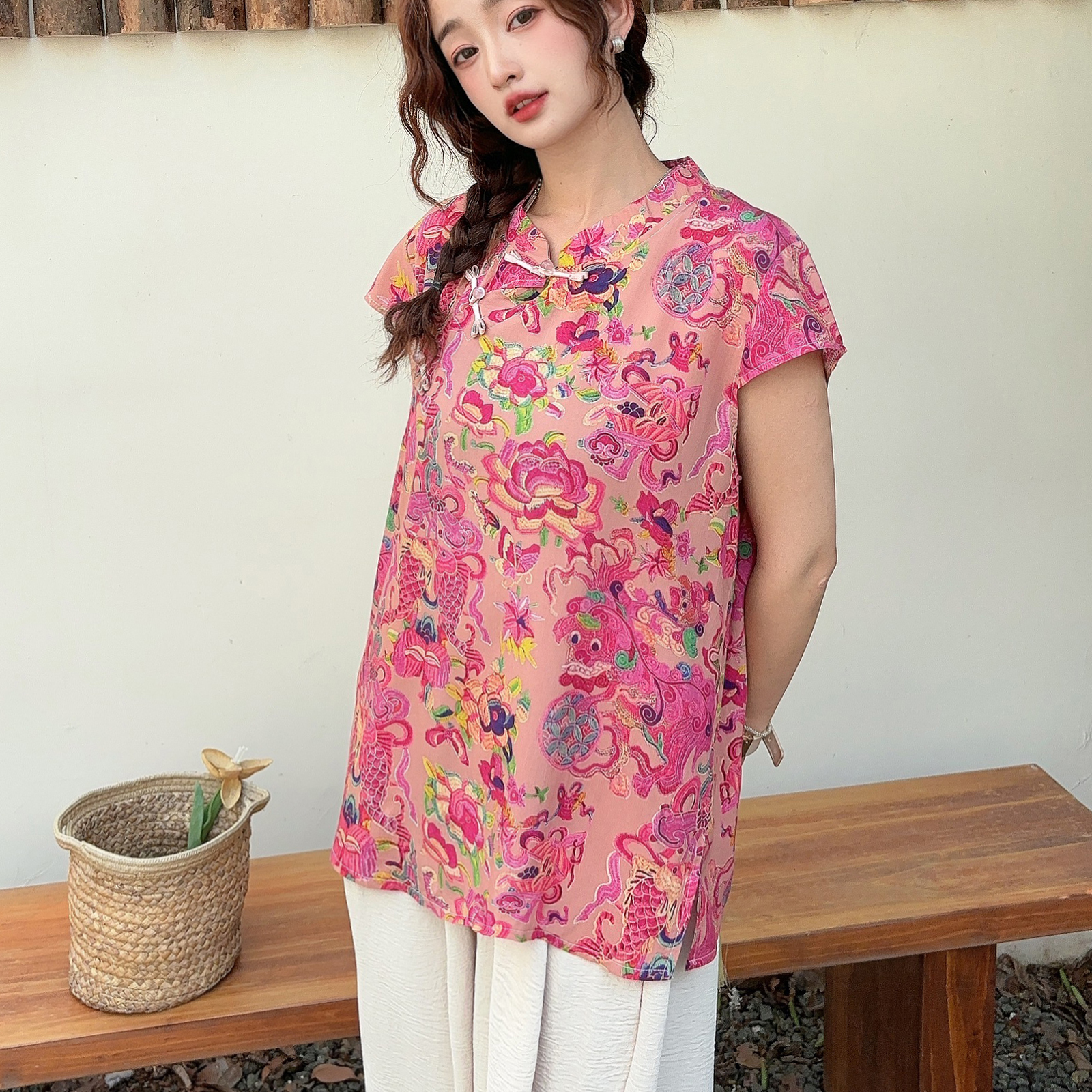 棉绸新中式上衣夏季新款复古宽松提花T恤女短袖中国风国潮休闲杉