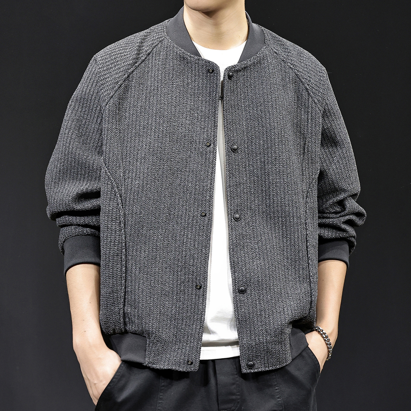 仿针织复古棒球领外套男士夹克美式休闲百搭春秋2025新款潮牌大码