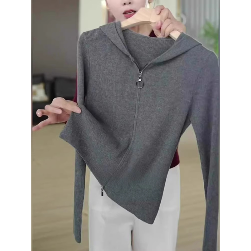 芯娇晴极简风休闲百搭气质灰色拉链连帽外套秋季日常修身显瘦上衣