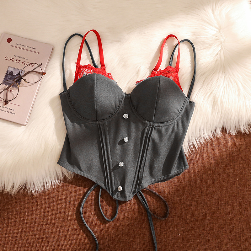 韩版假两件蕾丝鱼骨吊带背心女外穿性感美背束腰一字肩撞色上衣