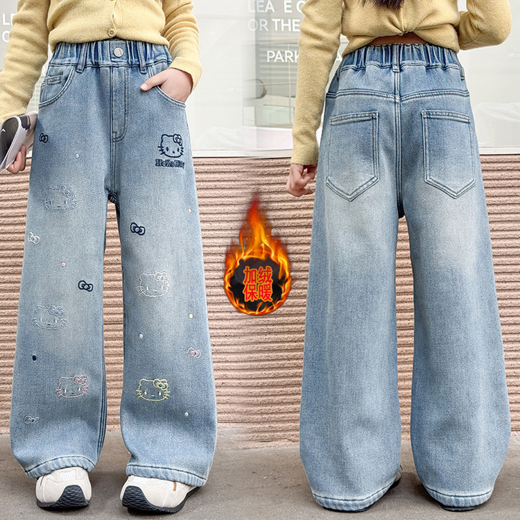 女童加绒牛仔裤2025冬装新款中大儿童刺绣卡通KT裤子一体绒直筒裤